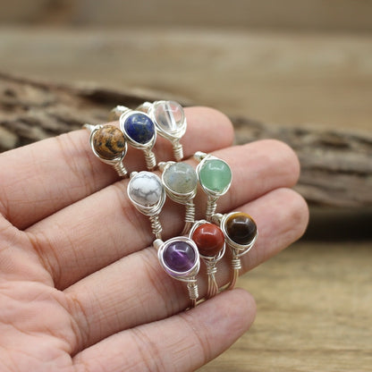 Silvery Wire Wrapped Stone Bead Rings