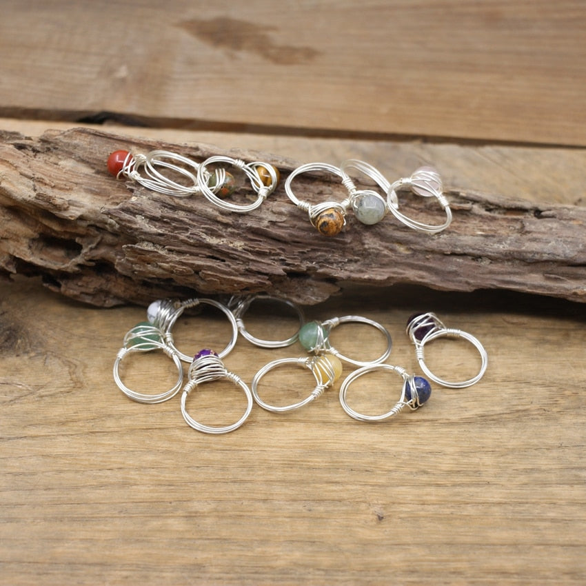 Silvery Wire Wrapped Stone Bead Rings