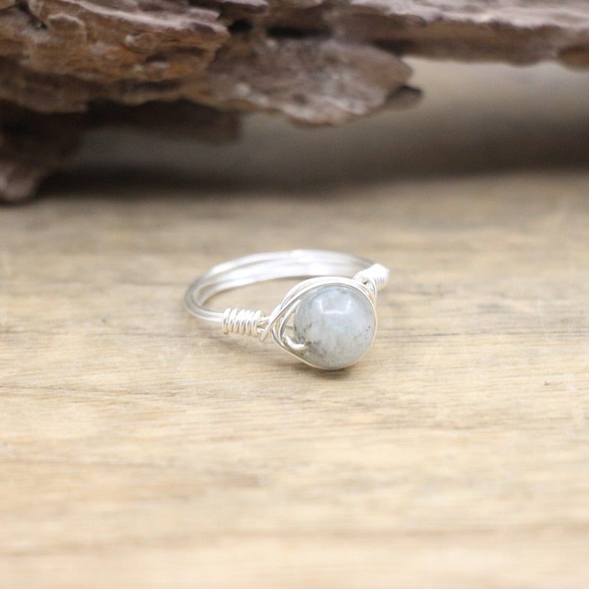 Silvery Wire Wrapped Stone Bead Rings