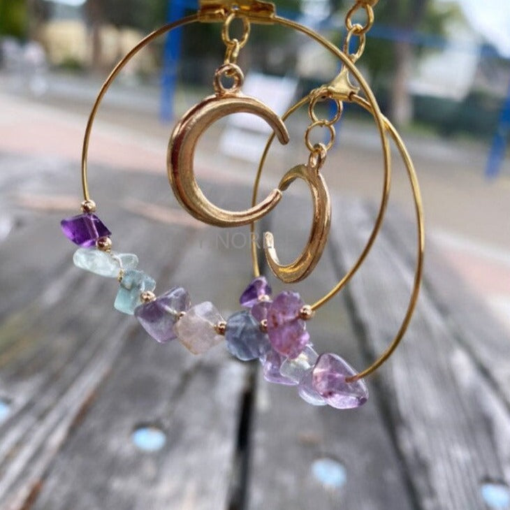 Bohemian Moon Rainbow Fluorite Hoop Earrings