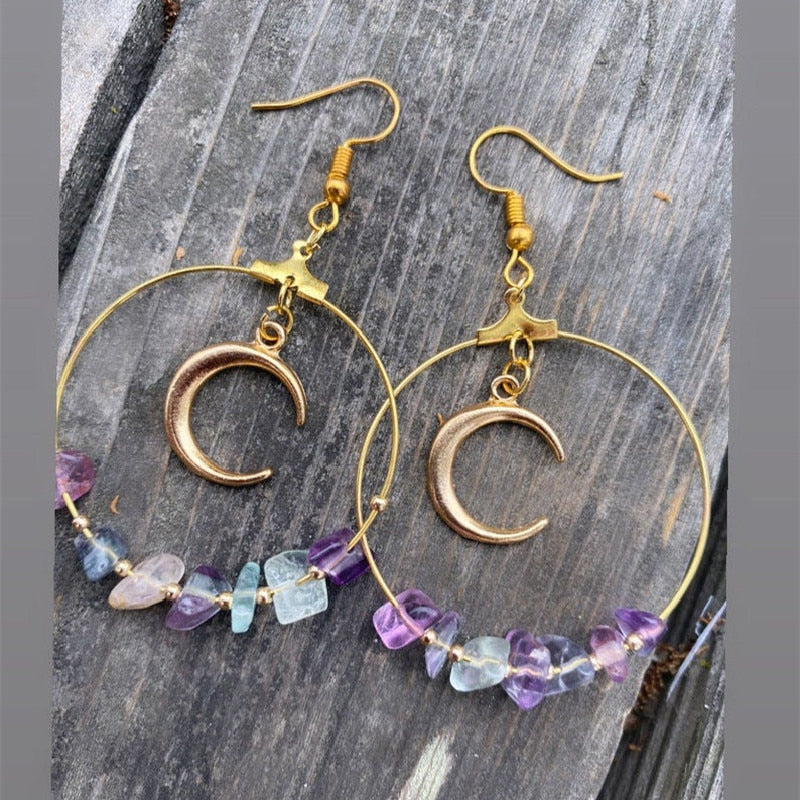 Bohemian Moon Rainbow Fluorite Hoop Earrings