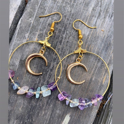 Bohemian Moon Rainbow Fluorite Hoop Earrings