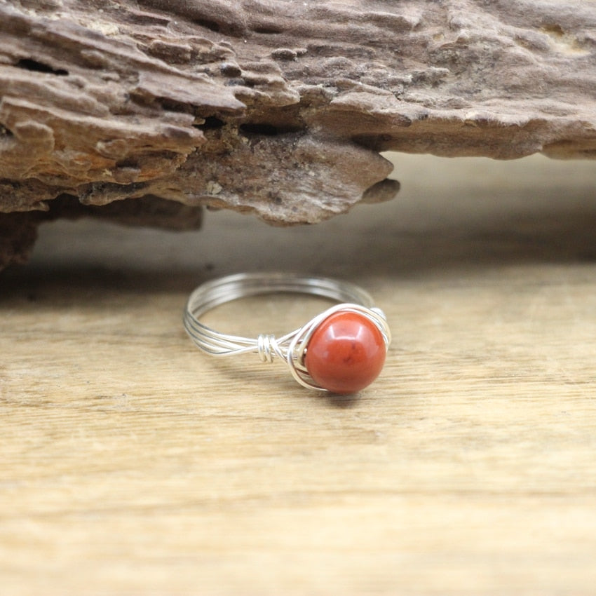 Silvery Wire Wrapped Stone Bead Rings