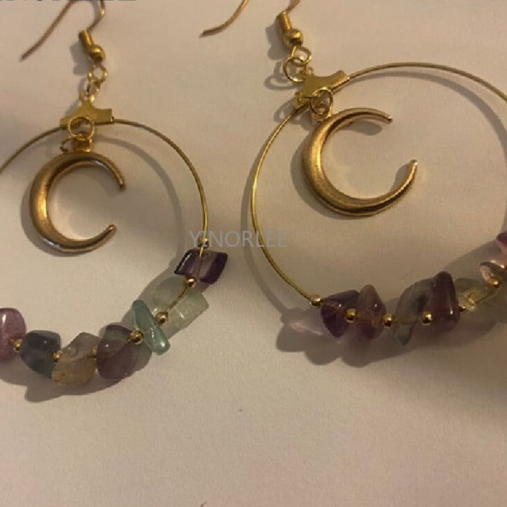 Bohemian Moon Rainbow Fluorite Hoop Earrings