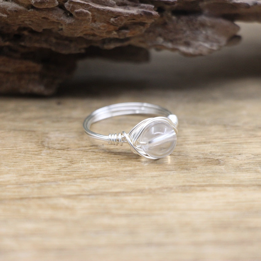 Silvery Wire Wrapped Stone Bead Rings