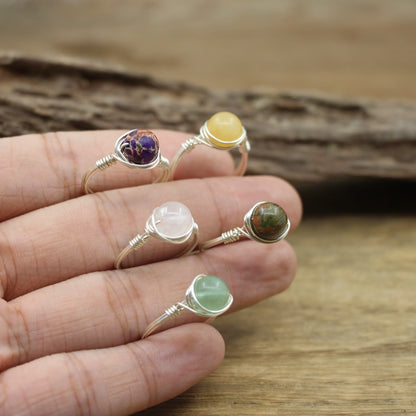 Silvery Wire Wrapped Stone Bead Rings