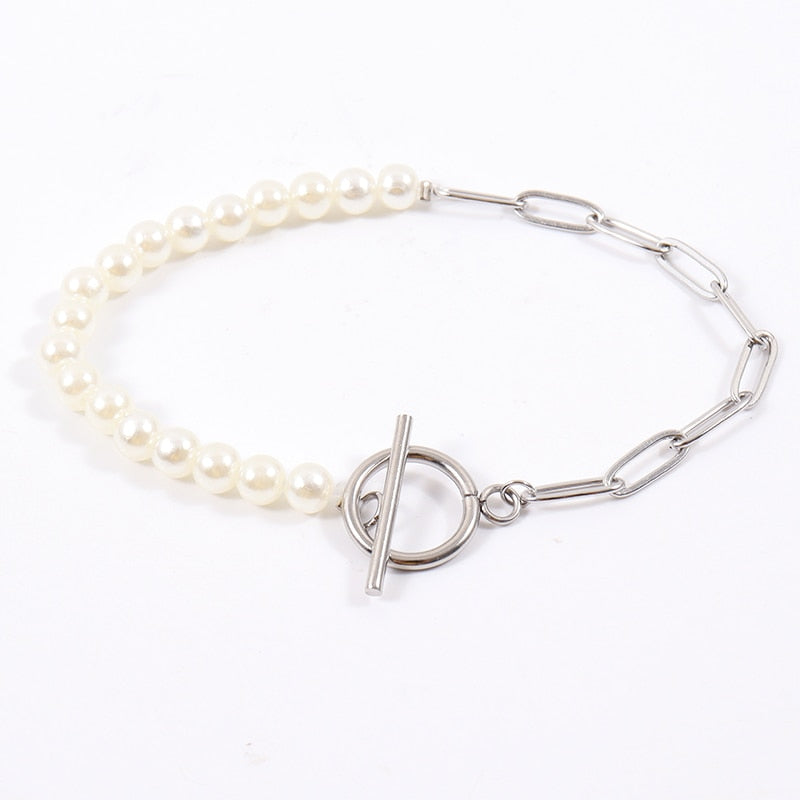 Paperclip Chain Simulated Pearl Stainless Steel Chain Bracelet