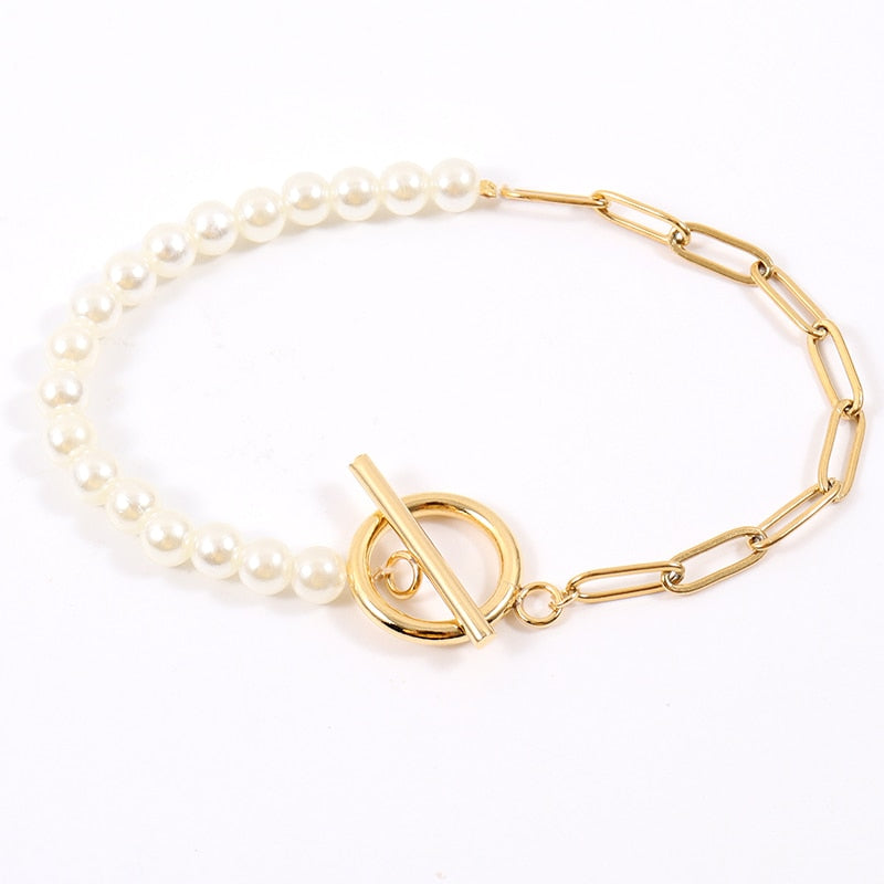 Paperclip Chain Simulated Pearl Stainless Steel Chain Bracelet