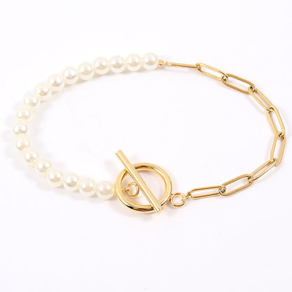 Paperclip Chain Simulated Pearl Stainless Steel Chain Bracelet