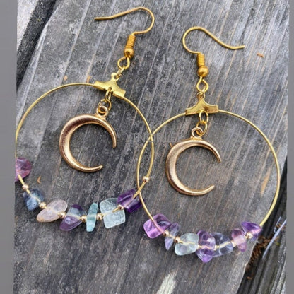 Bohemian Moon Rainbow Fluorite Hoop Earrings